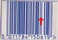 Barcode with arrow pointing to the number 6 (six) which is represented by the two thin parallel vertical lines